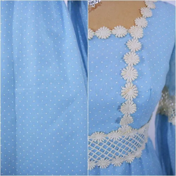 Vintage 70s Blue Maxi Dress Dotted Swiss Long Sleeves Bohemian RomanticW 26